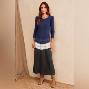 NEW Z Supply Blue Iris Tie Dye Ruffle Sleeve Maxi Dress Long Sleeve Cotton MED